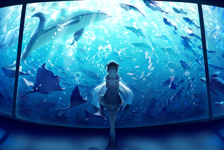 1girl, absurdres, aquarium, arms_behind_back, bangs, bare_shoulders, blonde_hair, cicirelrel, closed_eyes, collarbone, dolphin, eyebrows_visible_through_hair, facing_viewer, fish, full_body, halterneck, highres, huge_filesize, jewelry, love_live!, love_live!_school_idol_project, love_live!_sunshine!!, manta_ray, midriff, navel, pendant, short_hair, smile, standing, thigh-highs, tiara, watanabe_you