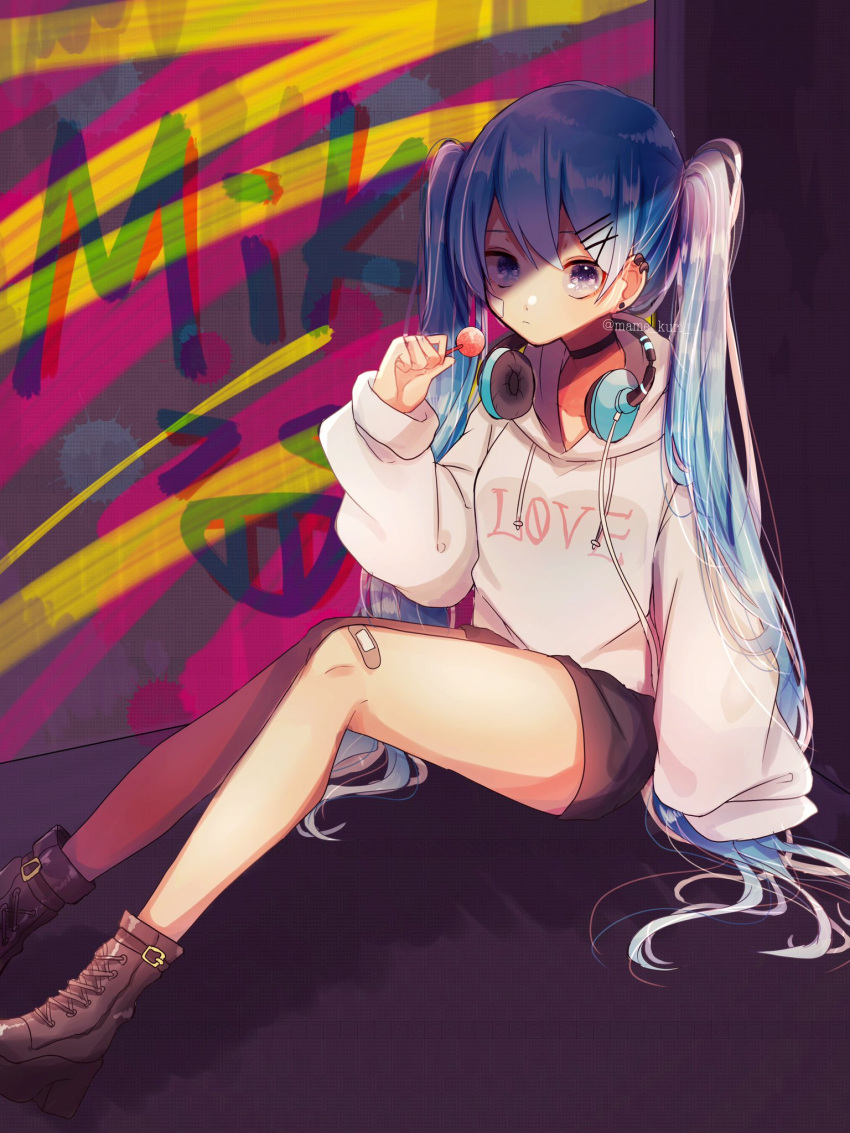 artist_name, bandage, bandage_on_face, bandage_on_knee, bangs, beige_hoodie, beige_sweater, black_shorts