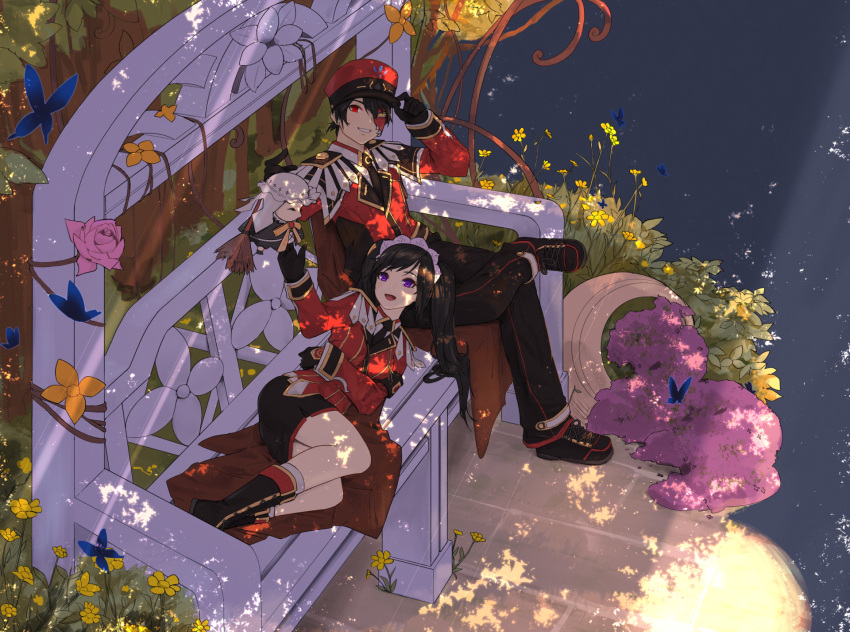 1boy, 1girl, aisha_(elsword), aisha_(mospeada), chair, drone, elsword, elsword_(character)