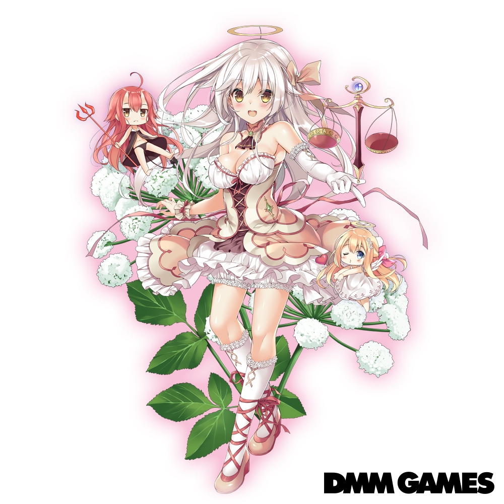 3girls, ahoge, angel_wings, angelica_(flower_knight_girl), bare_shoulders, blonde_hair, blue_eyes, blush, bow, breasts, brown_eyes, cleavage, copyright_name, dmm, floral_background, flower_knight_girl, full_body, hair_bow, hair_ribbon, halo, horns, large_breasts, long_hair, looking_at_viewer, multiple_girls, official_art, one_eye_closed, open_mouth, pink_bow, pitchfork, redhead, ribbon, scales, silver_hair, smile, standing, tagme, white_background, wings, yellow_eyes