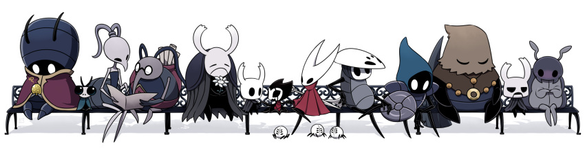 2others, 5girls, 6+boys, antennae, arm_rest, bag_over_head, bench, blush