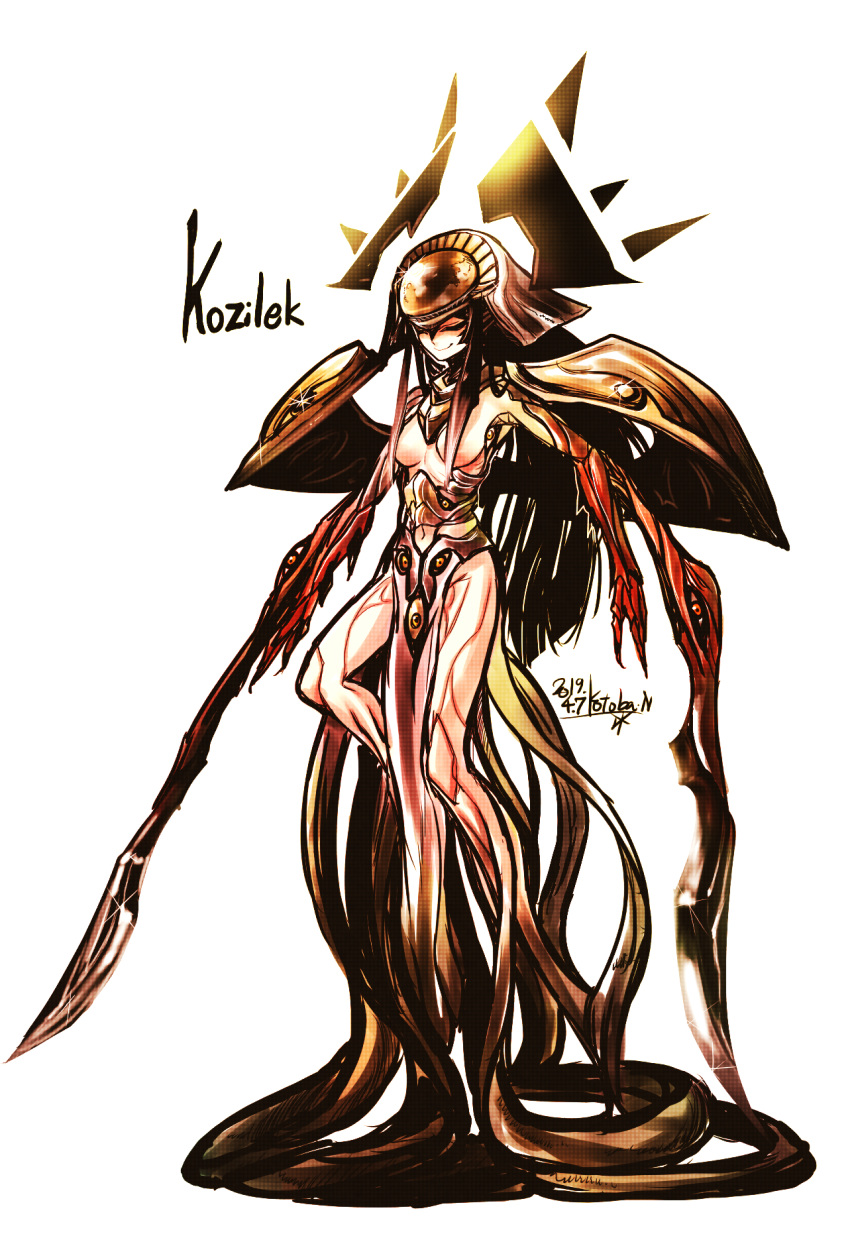 1girl, arm_blade, black_hair, character_name, closed_eyes, commentary_request, eldritch_abomination, extra_eyes