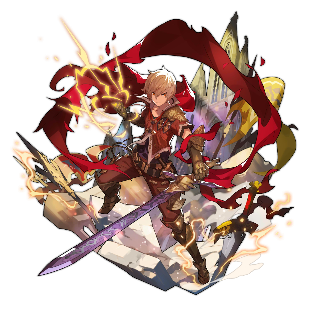 1boy, albert_(shingeki_no_bahamut), blonde_hair, boots, cape, clenched_hand, dagger, dragalia_lost