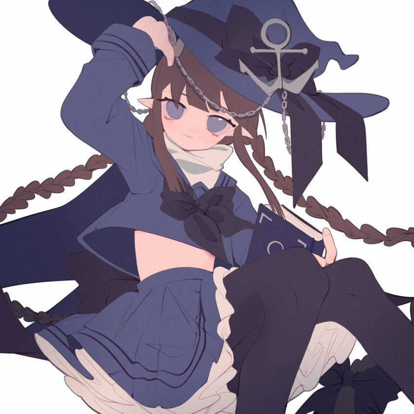 1girl, anchor_hat_ornament, arm_up, blue_eyes, blue_legwear, book, bow, braid