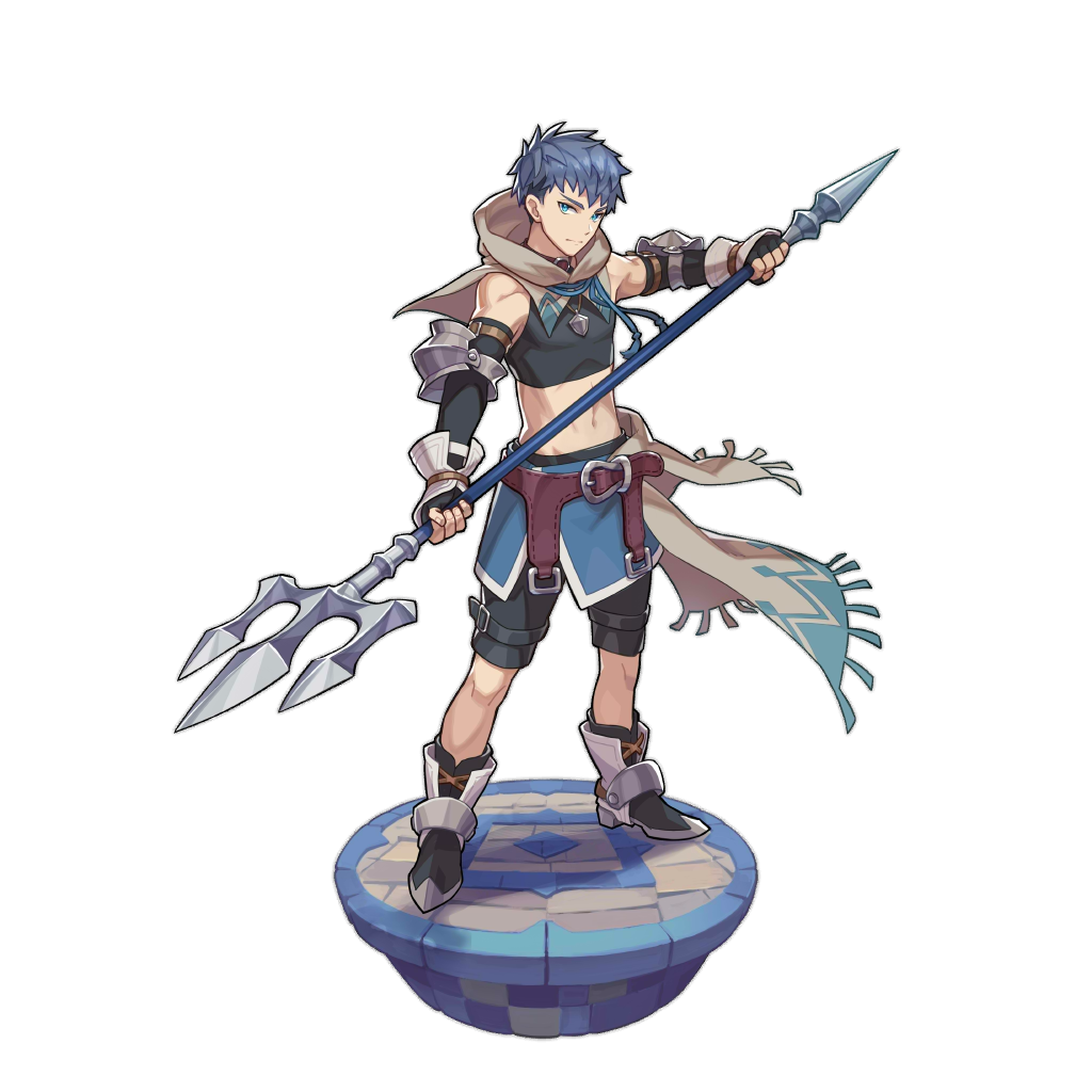1boy, aqua_eyes, bare_shoulders, belt, blue_hair, boots, dragalia_lost, hood, jakob_(dragalia_lost), looking_at_viewer, male_focus, non-web_source, official_art, polearm, saitou_naoki, solo, standing, transparent_background, trident, weapon