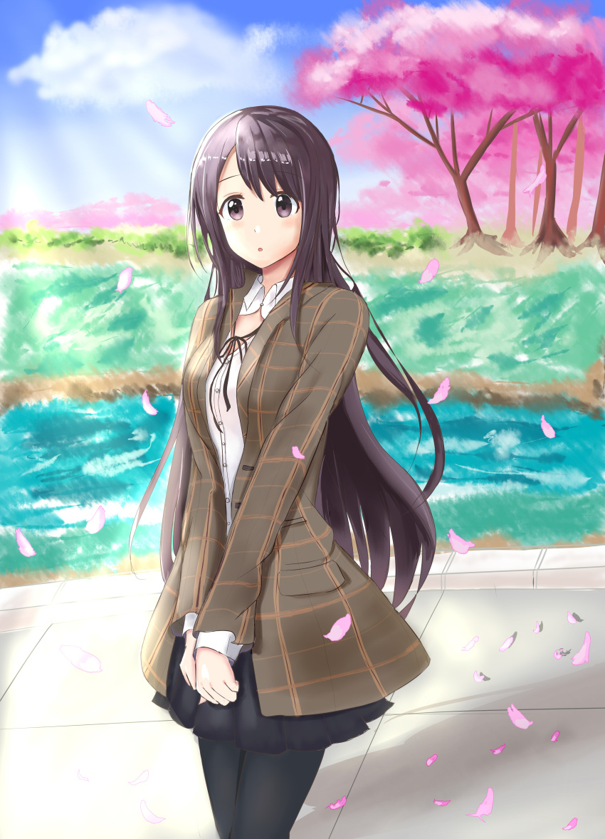 1girl, absurdres, ashijinshusui, bad_perspective, bad_proportions, black_hair, black_legwear, black_skirt, blue_sky, highres, huge_filesize, long_hair, outdoors, pantyhose, petals, school_uniform, senryuu_shoujo, skirt, sky, solo, standing, very_long_hair, yukishiro_nanako