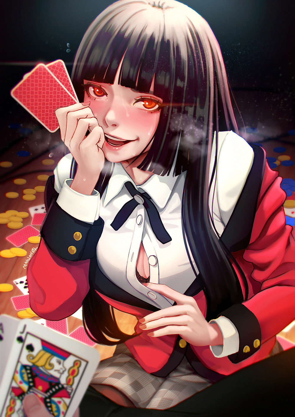 1girl, bangs, black_bra, black_hair, black_legwear, blunt_bangs, blush, bra, breasts, card, commentary_request, highres, hime_cut, holding, holding_playing_card, jabami_yumeko, jacket, kakegurui, large_breasts, lips, long_hair, looking_at_viewer, magion02, nail_polish, open_clothes, open_mouth, open_shirt, playing_card, poker_chip, red_eyes, red_nails, ribbon, school_uniform, shirt, skirt, smile, solo, sweat, underwear
