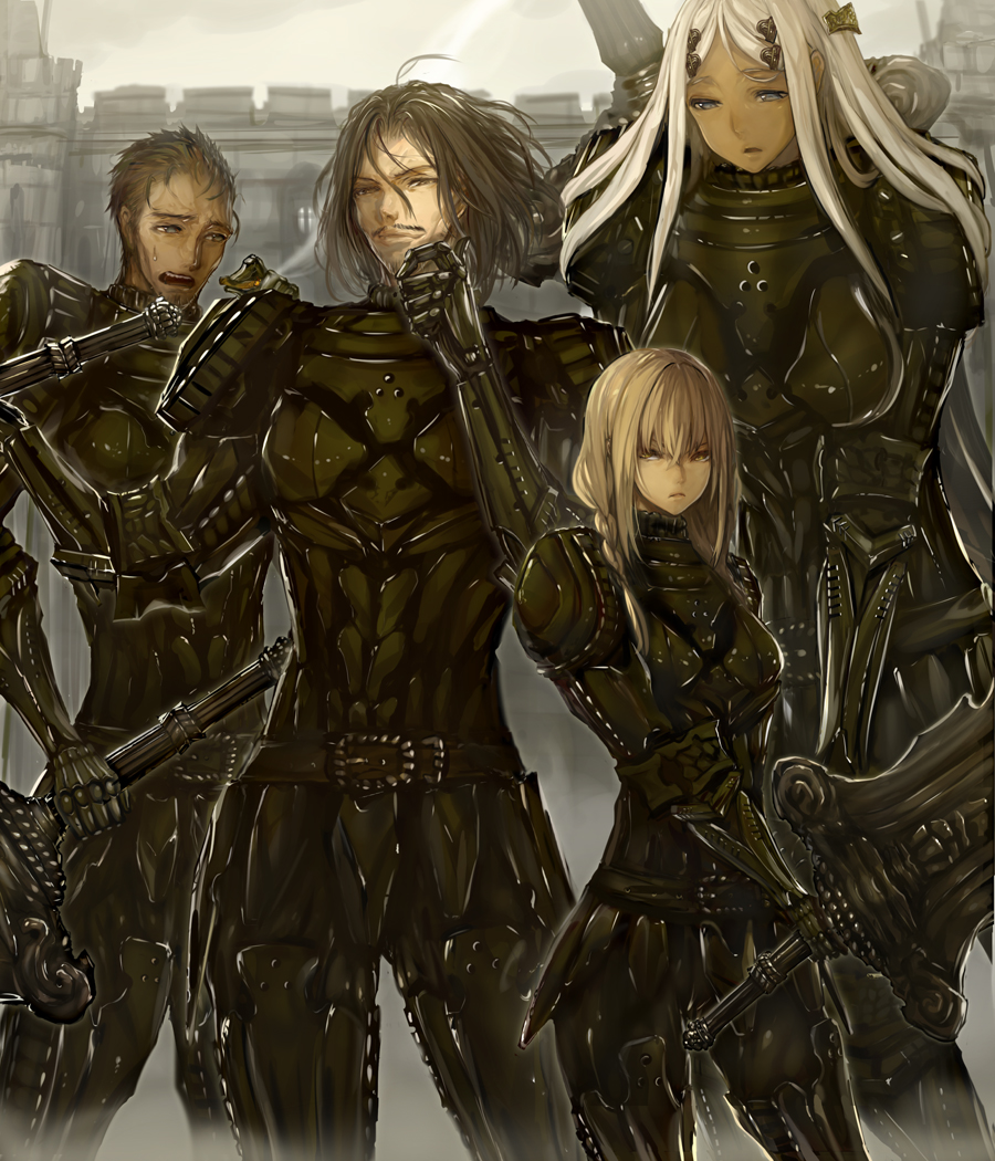 2boys, 2girls, ahoge, armor, beard, belt, blonde_hair, braid, brown_hair, castle, cigarette, commentary_request, dark_skin, facial_hair, full_armor, hand_on_own_chin, height_difference, holding, holding_sword, holding_weapon, huge_weapon, kazunari_(prawn10231), knight, long_hair, looking_at_another, looking_at_viewer, multiple_boys, multiple_girls, mustache, original, parted_lips, plate_armor, platinum_blonde_hair, serious, short_hair, smile, sweat, sword, tall, weapon, yellow_eyes