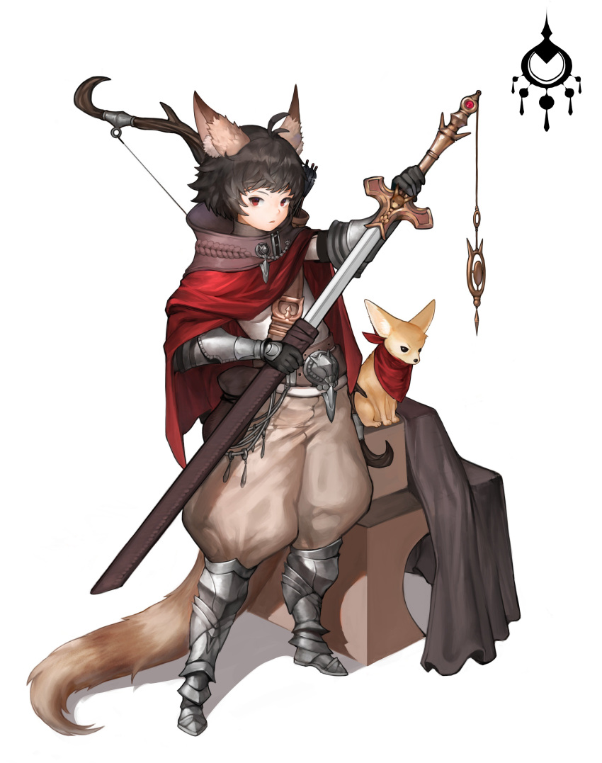 1boy, absurdres, ahoge, animal, animal_ear_fluff, animal_ears, animal_request, armored_boots, armored_gloves, arrow, baggy_pants, bandolier, belt, belt_pouch, black_hair, boots, bow_(weapon), cape, collared_cape, commentary_request, greaves, highres, holding, holding_sword, holding_weapon, korean_commentary, looking_at_viewer, loveoen12, original, pants, pouch, quiver, red_cape, red_eyes, red_scarf, scarf, sheath, short_hair, simple_background, standing, sword, tail, unsheathing, vambraces, weapon, white_background