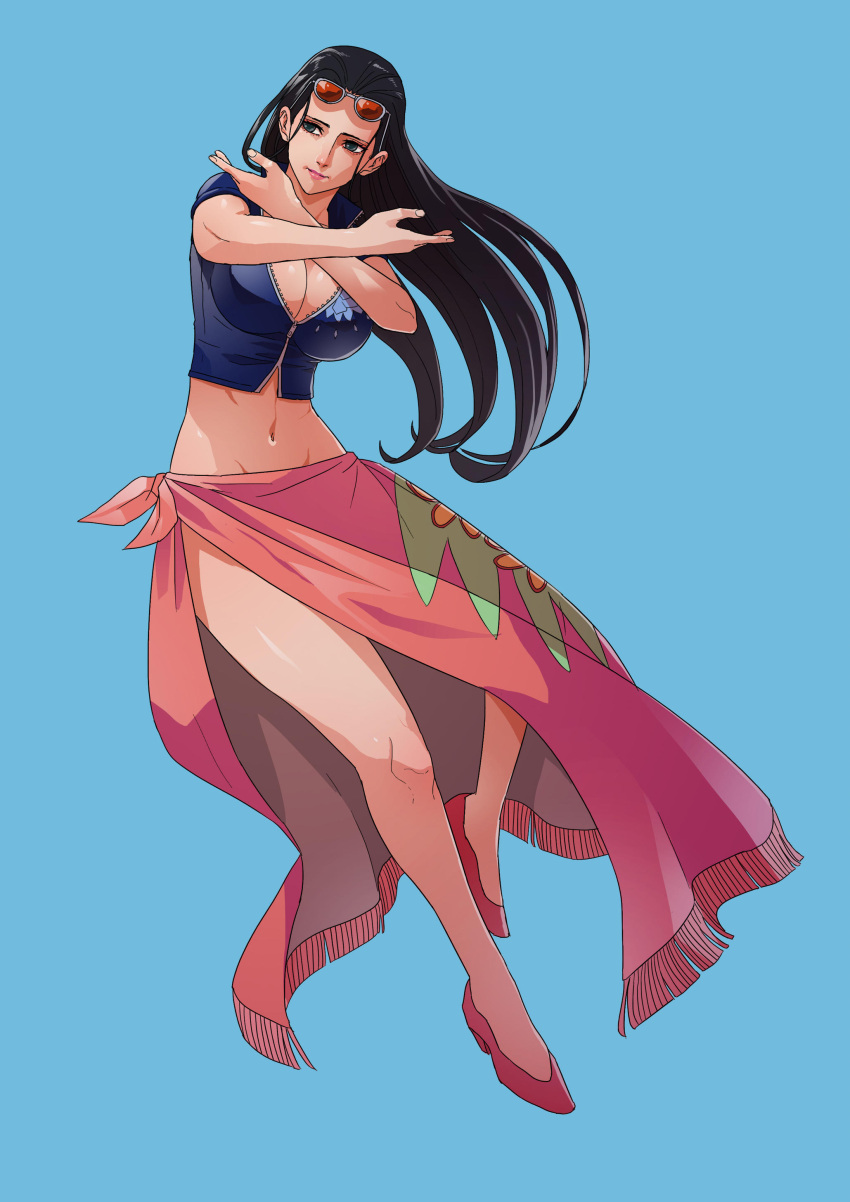 1girl, absurdres, bare_arms, bare_legs, black_hair, blue_background, breasts, cirenk, cleavage, closed_mouth, commission, crop_top, cropped_jacket, crossed_arms, eyewear_on_head, fighting_stance, fingernails, floating_hair, full_body, grey_eyes, groin, hair_slicked_back, hands_up, high_heels, highres, lips, long_hair, long_skirt, looking_to_the_side, midriff, navel, nico_robin, one_piece, partially_unzipped, red_footwear, shoes, short_sleeves, side_slit, simple_background, skirt, solo, stomach, sunglasses, very_long_hair, zipper, zipper_pull_tab