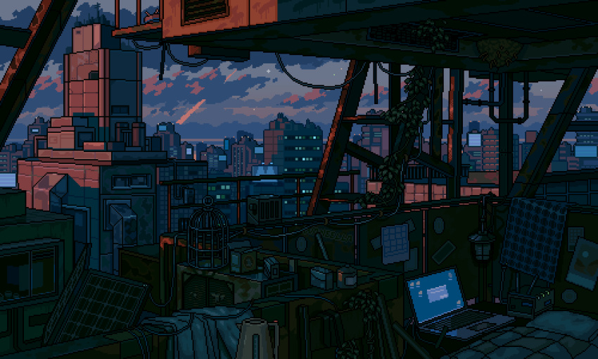 animated, animated_gif, bed, blanket, blue_sky, building, clouds, cloudy_sky, computer, laptop, night, no_humans, original, outdoors, pillow, pixel_art, scenery, sky, skyscraper, star_(sky), waneella