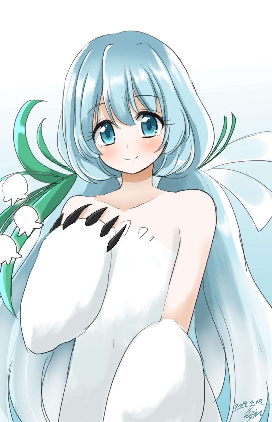 1girl, blue_eyes, blue_hair, blush, dress, highres, hisin, long_hair, looking_at_viewer, nanakoori_(xenoblade), nintendo, paws, simple_background, smile, snow, solo, twintails, xenoblade_(series), xenoblade_2