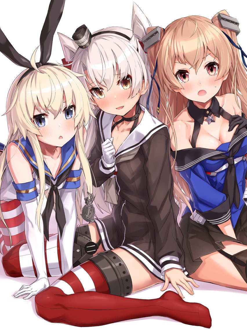 3girls, all_fours, amatsukaze_(kantai_collection), black_gloves, black_legwear, black_panties, black_skirt, blonde_hair