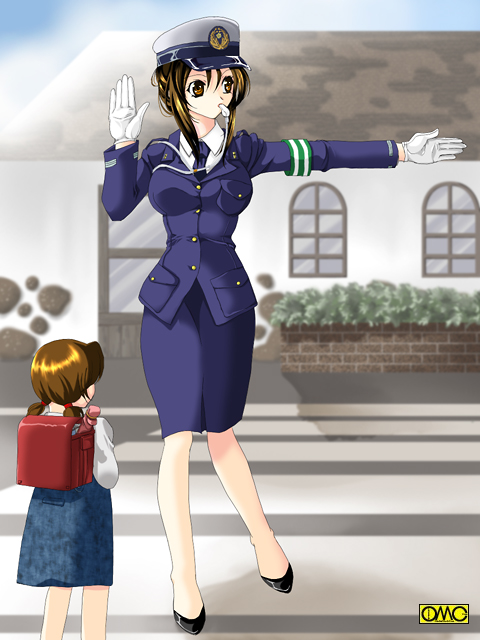 2girls, backpack, brown_eyes, brown_hair, cap, clothed, gloves, hat