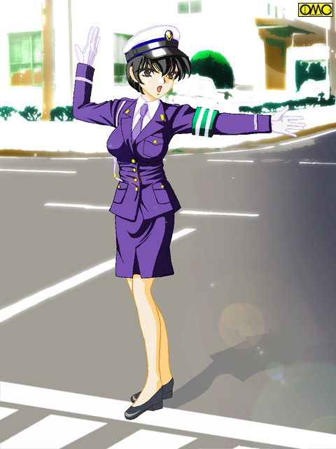 black_eyes, cap, clothed, gloves, hat, large_breasts, miniskirt, necktie