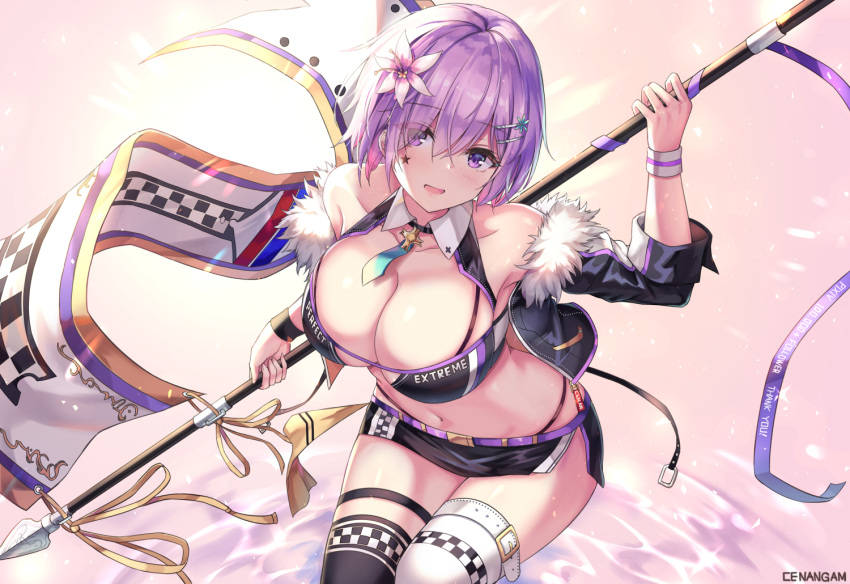 1girl, :d, artist_name, bare_shoulders, black_jacket, black_legwear, black_panties, black_skirt