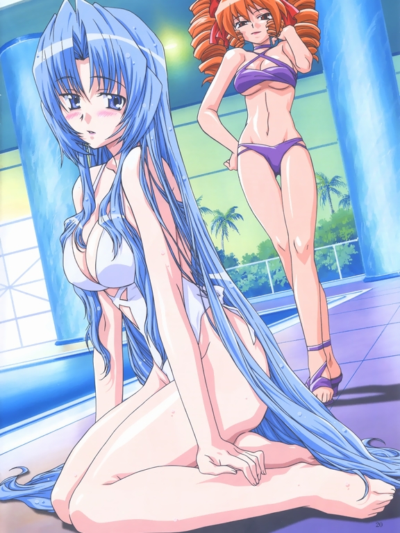bikini, blue_eyes, blue_hair, blush, breasts, cleavage, drill_hair, hanaukyo_maid_tai