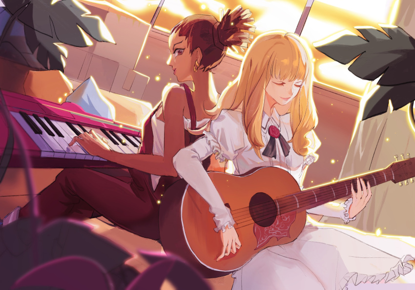 blonde_hair, brown_eyes, brown_hair, carole_&amp;_tuesday, carole_(carole_&amp;_tuesday), commentary_request, dark_skin, guitar, highres, indoors, instrument, keyboard_(instrument), music, overalls, playing_instrument, rannion, sleeveless, tube_shirt, tuesday_(carole_&amp;_tuesday)