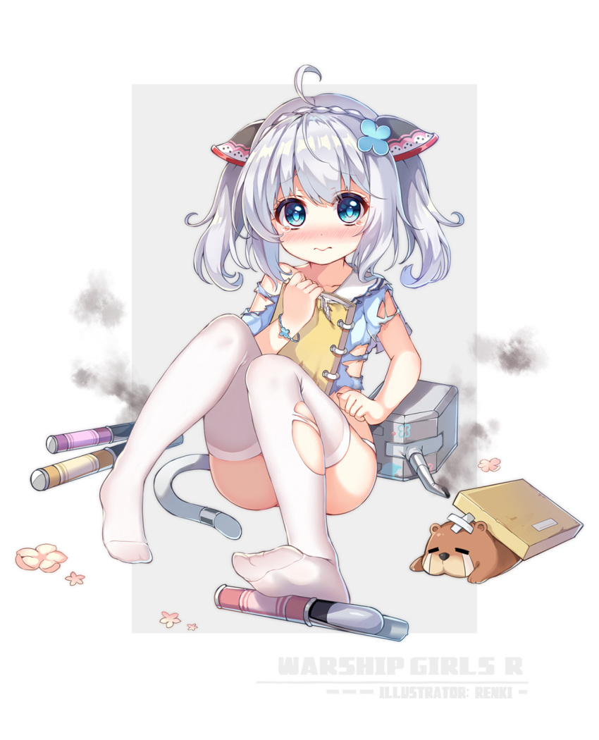 1girl, ahoge, animal, bangs, blue_dress, blue_eyes, blue_flower, blush