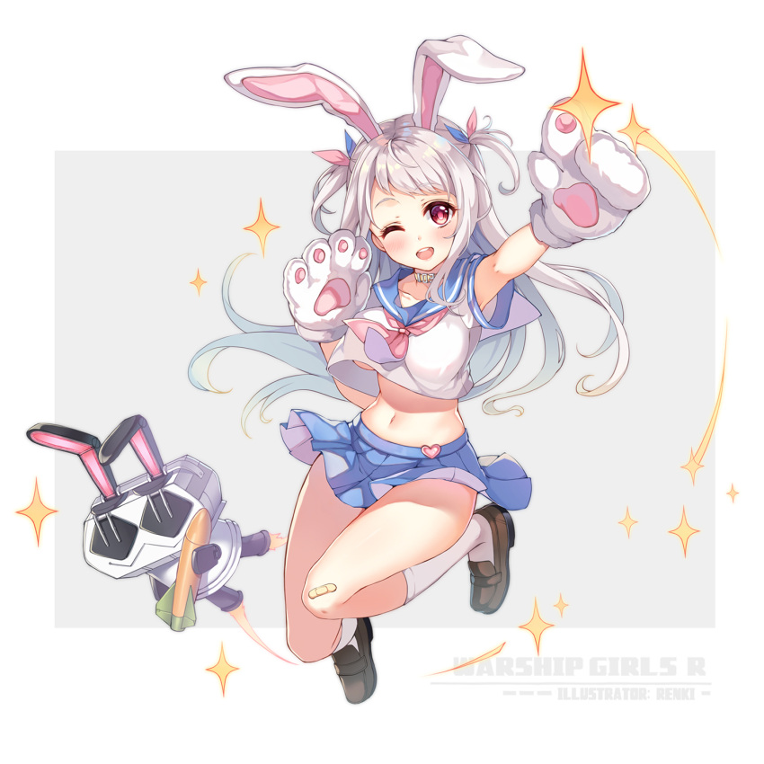 1girl, :3, ;d, animal_ears, bandaid, bandaid_on_knee, blue_ribbon, blue_sailor_collar