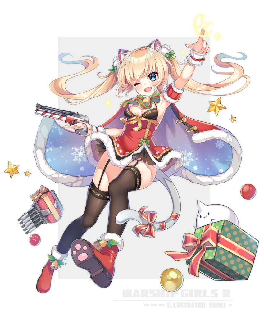 1girl, ;d, andrea_doria_(warship_girls_r), arm_up, bangs, black_legwear, blonde_hair, blue_eyes