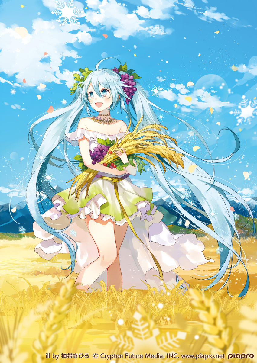 1girl, aqua_eyes, aqua_hair, clouds, copyright_name, day, dress, hatsune_miku