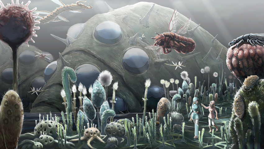 1girl, bug, commentary_request, flying, forest, highres, insect, kaze_no_tani_no_nausicaa