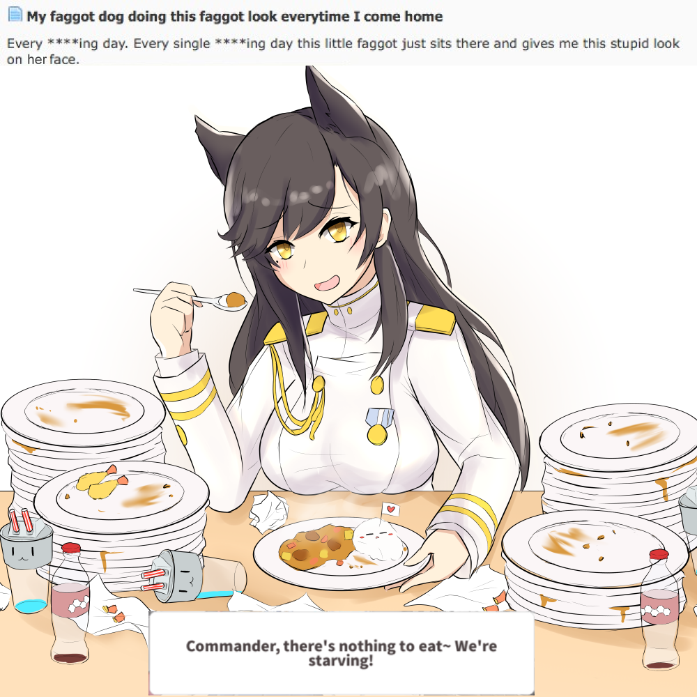 1girl, animal_ears, atago_(azur_lane), azur_lane, black_hair, blush, commentary, cup, curry, curry_rice, double-breasted, drinking_glass, drinking_straw, eating, empty, english_commentary, english_text, eyebrows_visible_through_hair, food, hadoukirby, long_hair, long_sleeves, looking_at_viewer, medal, meme, military, military_uniform, mole, mole_under_eye, open_mouth, plate, rice, shrimp, shrimp_tempura, simple_background, smile, soda_bottle, solo, spoon, tempura, uniform, white_background, wolf_ears, yellow_eyes