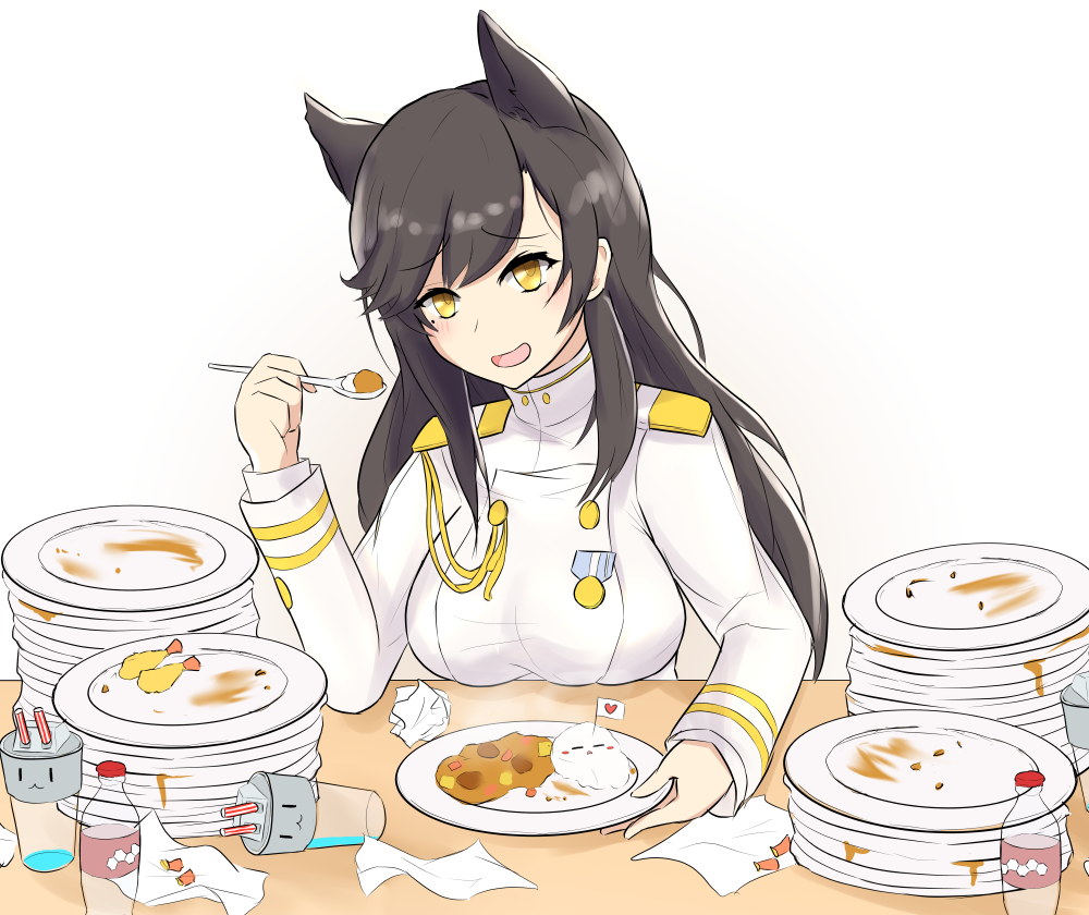 1girl, animal_ears, atago_(azur_lane), azur_lane, black_hair, blush, cup, curry