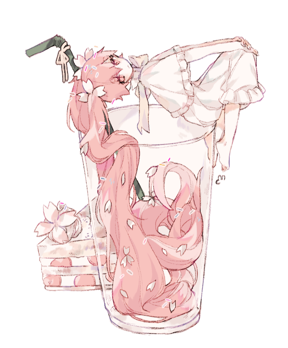 1girl, absurdly_long_hair, artist_request, commentary_request, copyright_request, dress, drinking_straw, frilled_dress
