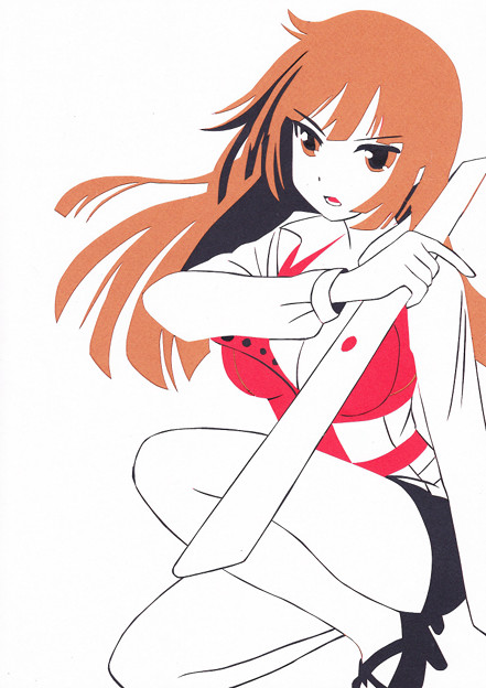 1girl, akane_(mahjong_monogatari), aru_(photozou), breasts, brown_eyes, brown_hair, eyebrows_visible_through_hair, flat_color