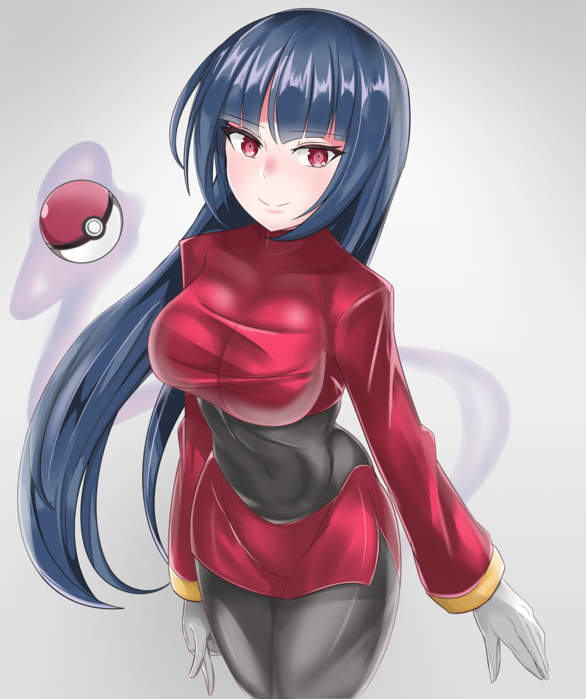 1girl, bangs, black_legwear, blue_hair, breasts, closed_mouth, covered_navel, cowboy_shot