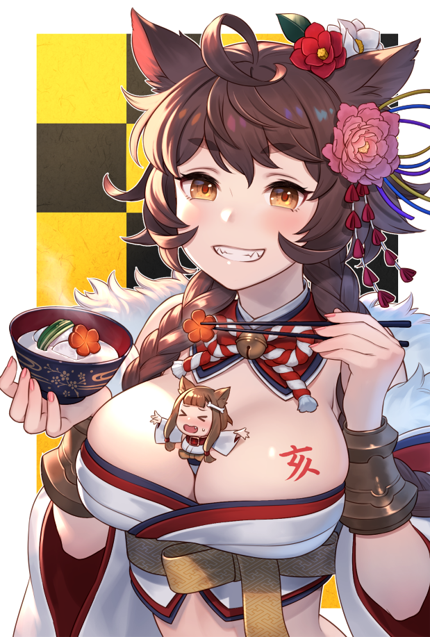>_<, 2girls, ahoge, animal_ears, bell, between_breasts, blush, bone_hair_ornament