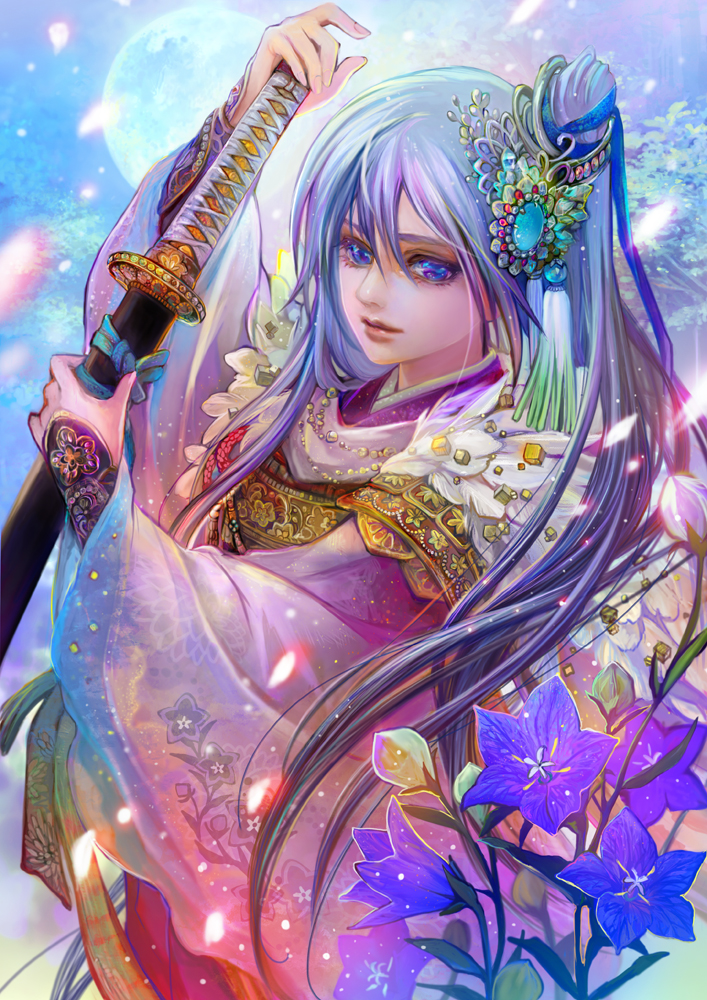 1girl, arm_up, bellflower, blue_eyes, blue_flower, blue_hair, chinese_bellflower, feathers, flower, fukami_kazuha, full_moon, gem, hair_ornament, hair_ribbon, hand_up, holding, holding_sword, holding_weapon, hototogisu_tairan, japanese_clothes, katana, light_smile, long_hair, long_sleeves, moon, night, one_side_up, petals, ribbon, sheath, sheathed, solo, sword, tassel, upper_body, very_long_hair, weapon, wide_sleeves