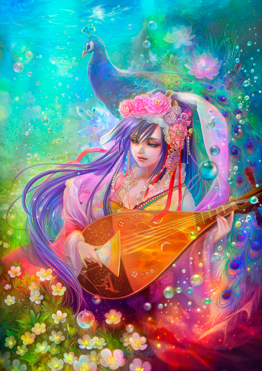 1girl, air_bubble, bird, blue_eyes, bubble, commentary_request, crystal, fantasy, flower, fukami_kazuha, hagoromo, hair_flower, hair_ornament, half-closed_eyes, highres, instrument, instrument_request, light_smile, long_hair, long_sleeves, looking_away, lotus, lute_(instrument), music, mythology, original, peacock, pearl_(gemstone), peony_(flower), playing_instrument, purple_hair, realistic, red_lips, sarasvati, shawl, solo, underwater, very_long_hair, wide_sleeves