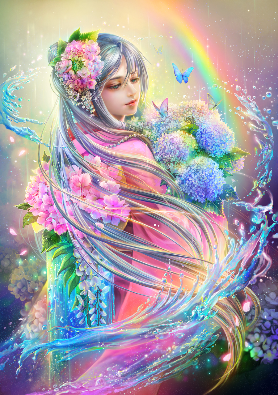 1girl, aqua_eyes, beads, bouquet, bug, butterfly, fantasy, flower, from_side, fukami_kazuha, hair_beads, hair_bun, hair_flower, hair_ornament, hair_tubes, highres, holding, holding_bouquet, hydrangea, insect, japanese_clothes, kimono, light_smile, lips, long_hair, looking_away, looking_to_the_side, original, petals, pink_kimono, rain, rainbow, realistic, silver_hair, solo, sparkle, very_long_hair, water, wisteria