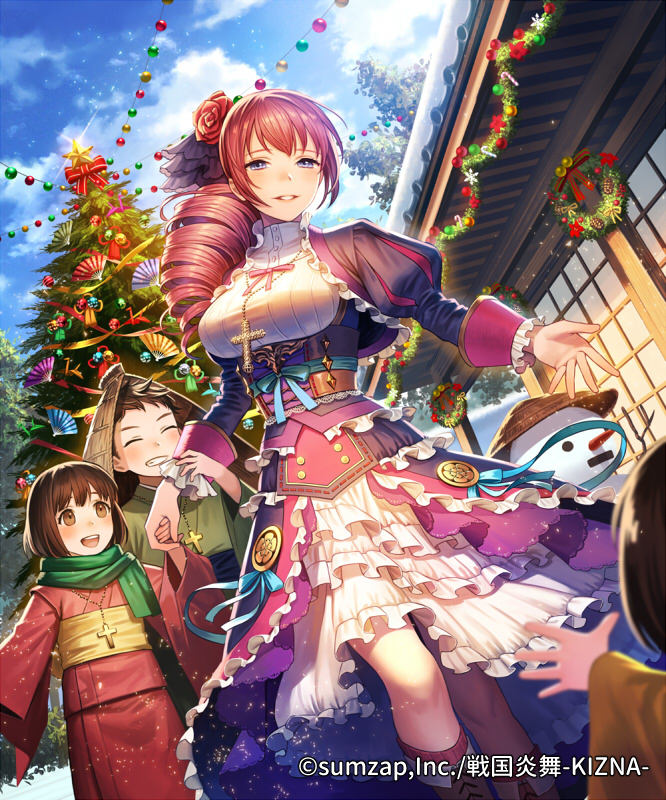 1boy, 2girls, :d, ^_^, blue_sky, blurry, boots, breasts