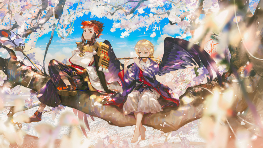 2boys, armor, barefoot, bird_wings, black_hakama, black_wings, blonde_hair, blue_eyes