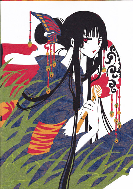 1girl, aru_(photozou), bangs, black_hair, border, fan, flat_color, hair_ornament