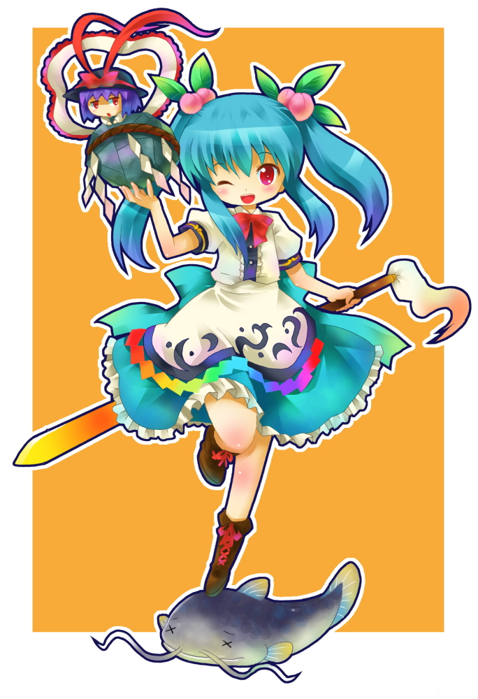 aqua_hair, bad_id, catfish, chibi, fish, food, fruit, giant_catfish