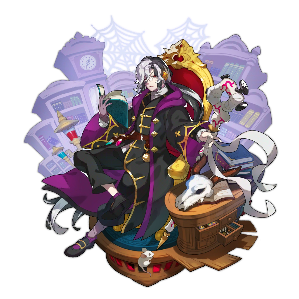 1boy, black_coat, book, dragalia_lost, heinwald_(dragalia_lost), looking_at_viewer, male_focus, mouse, multicolored_hair, non-web_source, official_art, red_eyes, saitou_naoki, scar, sitting, skull, staff, stitched_face, stitches