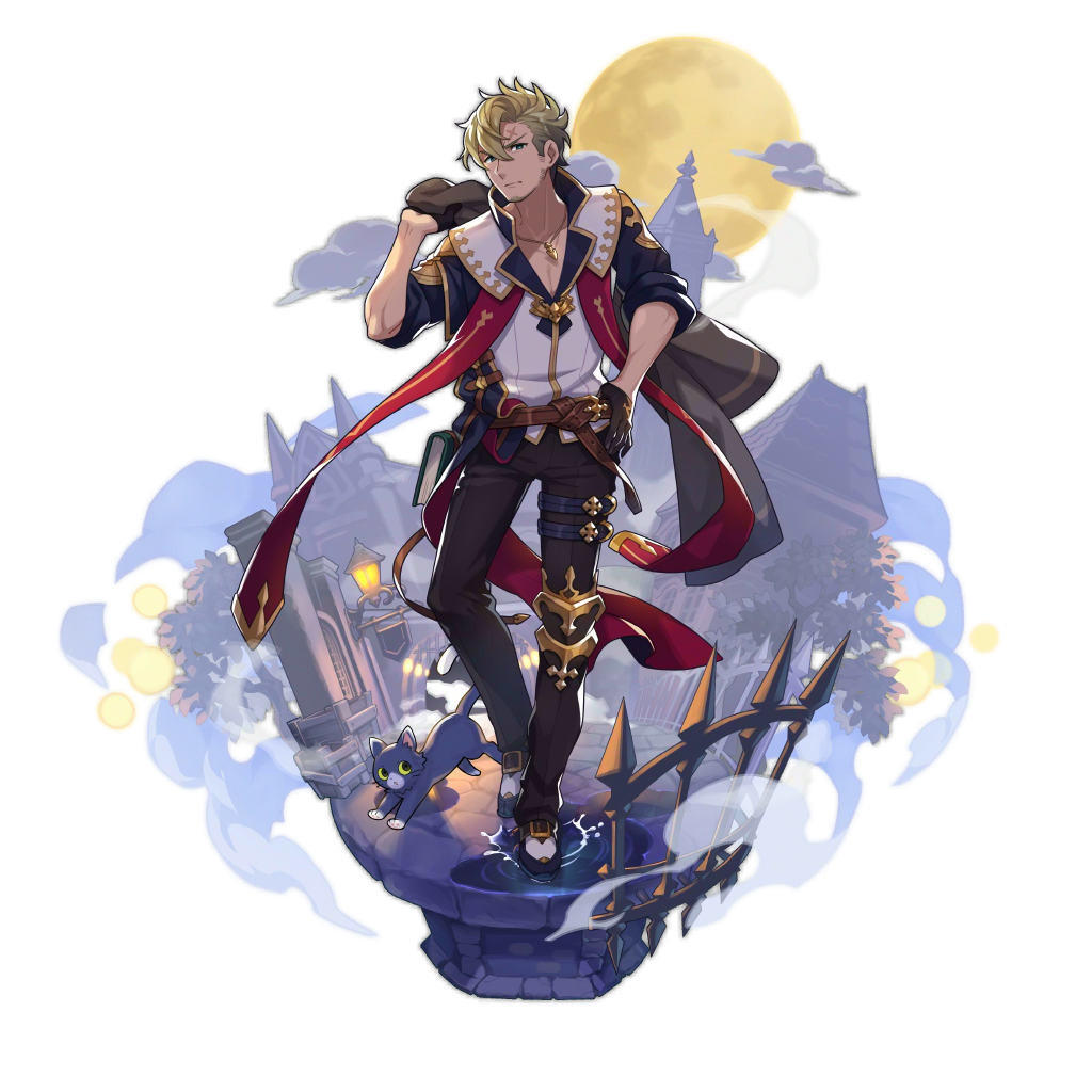 1boy, backlighting, belt, blonde_hair, book, cat, curran_(dragalia_lost), dragalia_lost, facial_hair, full_moon, gloves, hand_on_hip, jacket_on_shoulders, looking_at_viewer, male_focus, moon, non-web_source, official_art, puddle, saitou_naoki, solo, transparent_background