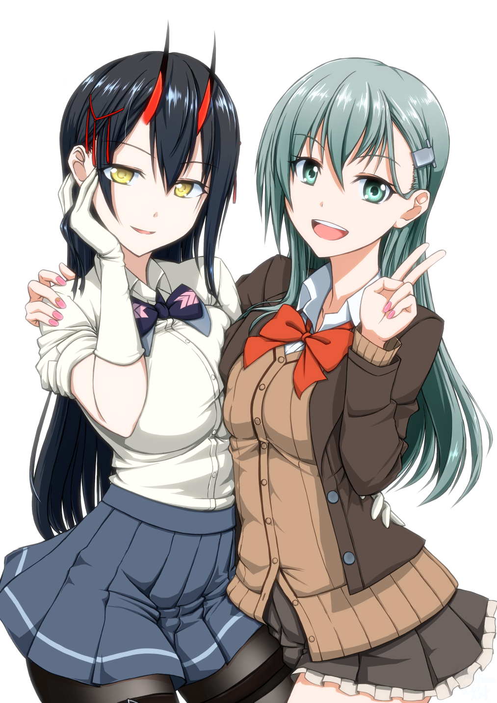 2girls, :d, aqua_eyes, aqua_hair, ascot, asymmetrical_docking, azur_lane, black_hair