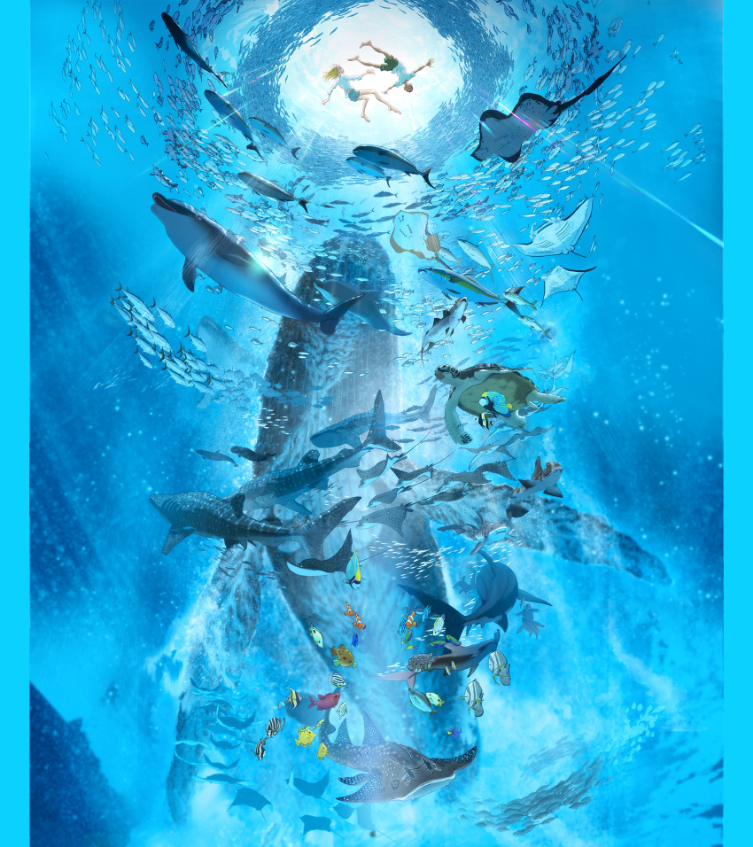 1boy, 1girl, barefoot, blonde_hair, dolphin, fish, highres, kaiju_no_kodomo