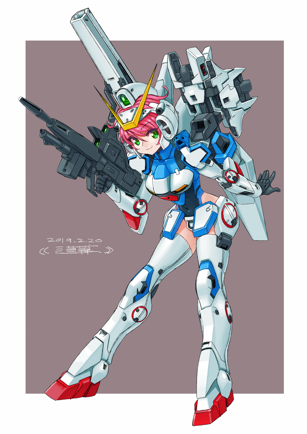1girl, :3, armor, commentary_request, full_body, green_eyes, gun, gundam