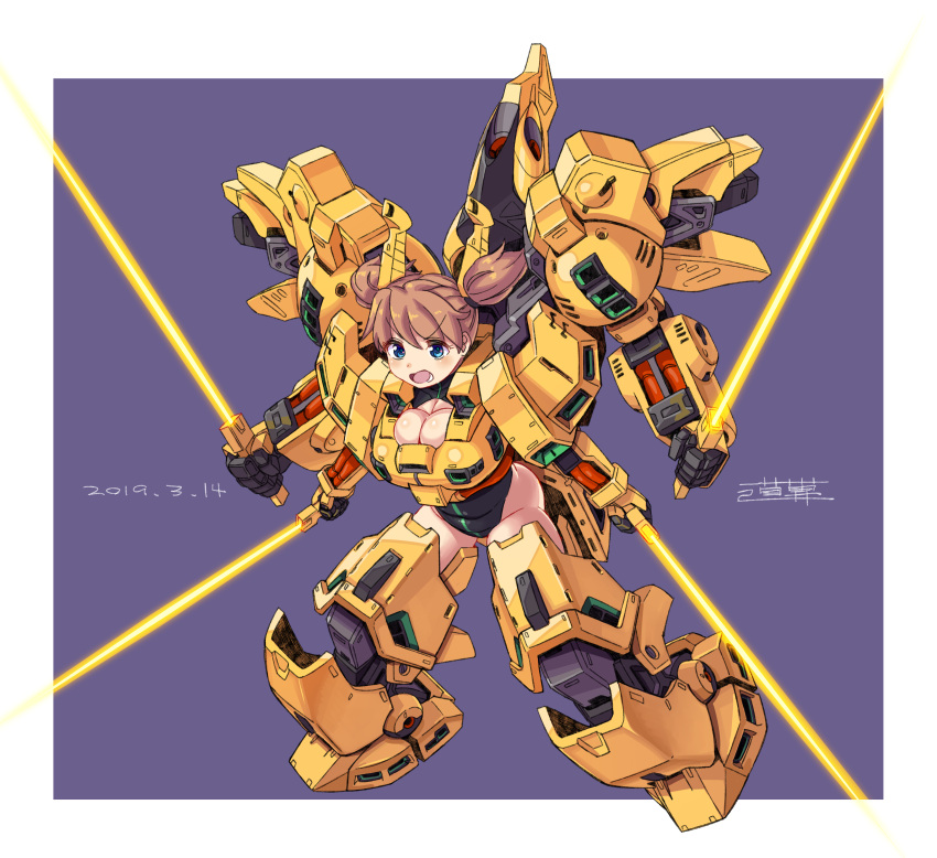 1girl, absurdres, armor, beam_saber, blue_eyes, breasts, brown_hair, cleavage