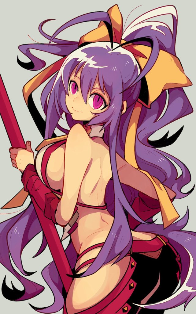 1girl, antenna_hair, ass, back, backless_outfit, bare_shoulders, black_pants, blazblue