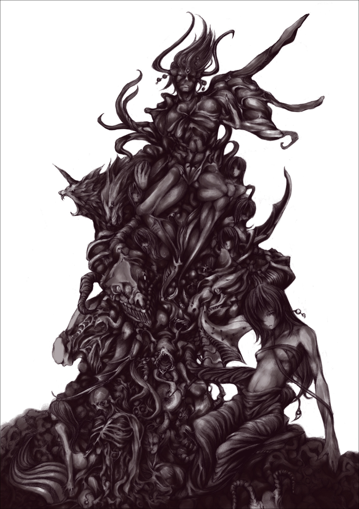 bad_id, breasts, chitose_rin, exdeath, final_fantasy, final_fantasy_v, final_fantasy_vi, horns, long_hair, monochrome, monster, neo_exdeath, open_mouth, rel, skeleton, statue, thighs, under_boob, underboob