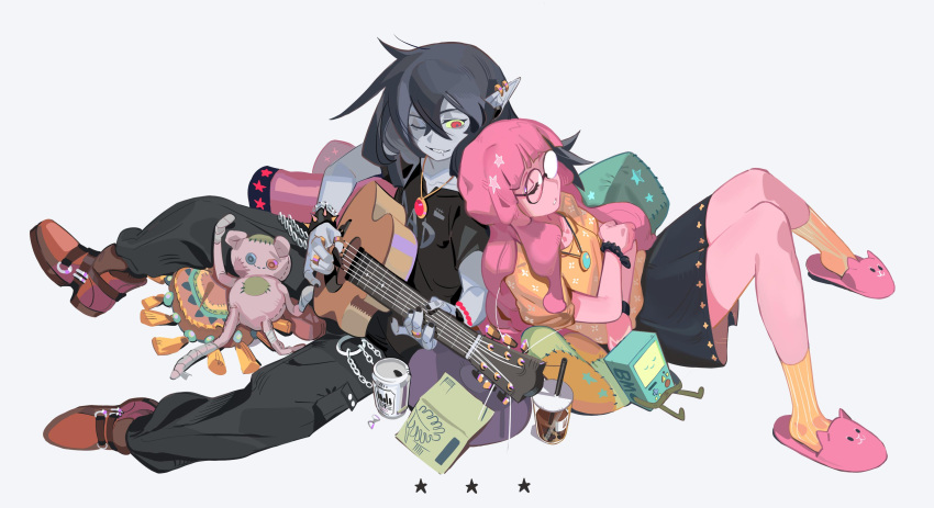 2girls, absurdres, adventure_time, back-to-back, black_hair, bmo, bracelet, cartoon_network, closed_eyes, cute, earrings, fangs, glasses, grey_skin, guitar, highres, instrument, jewelry, knifedragon, leaning_on_person, looking_at_another, marceline_abadeer, multiple_girls, music, nail_polish, necklace, parted_lips, pillow, pink_hair, pink_skin, playing_instrument, pointy_ears, princess_bonnibel_bubblegum, red_eyes, ring, skirt, sleeping, sleeping_on_person, slippers, smile, spiked_bracelet, spikes, vampire, yuri