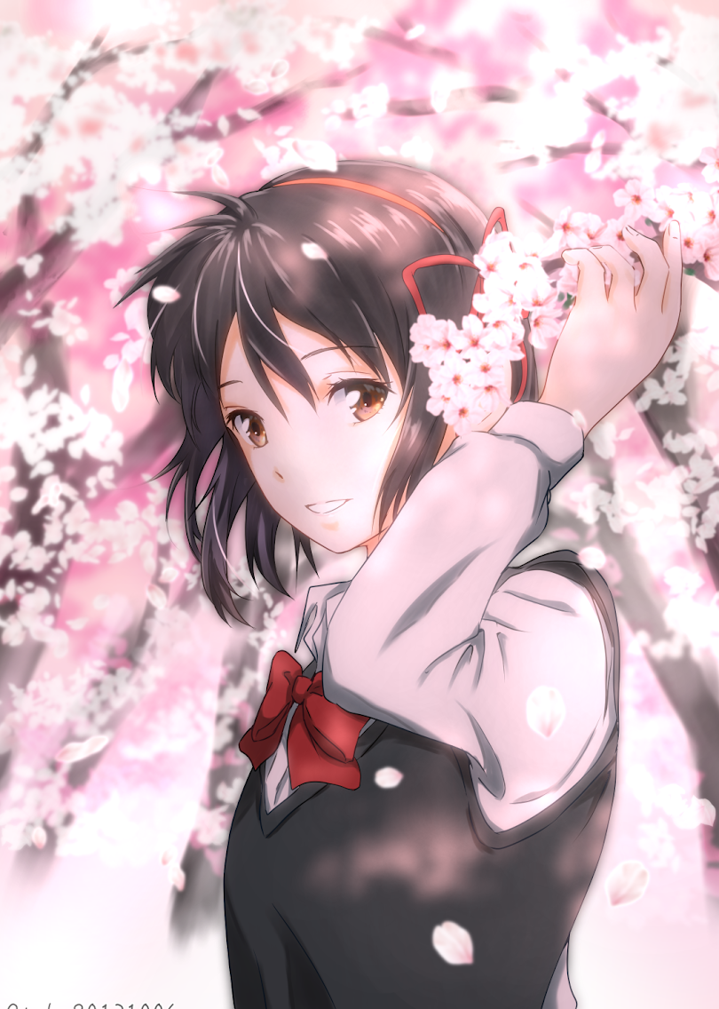 1girl, black_hair, black_sweater, bow, bowtie, brown_eyes, flower, hair_between_eyes